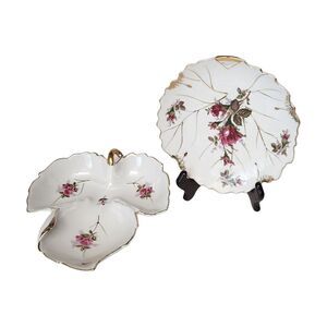2 Vintage Trinket  Maple Leaf Shaped Pink Rose Porcelain Dish Plate Discontinued